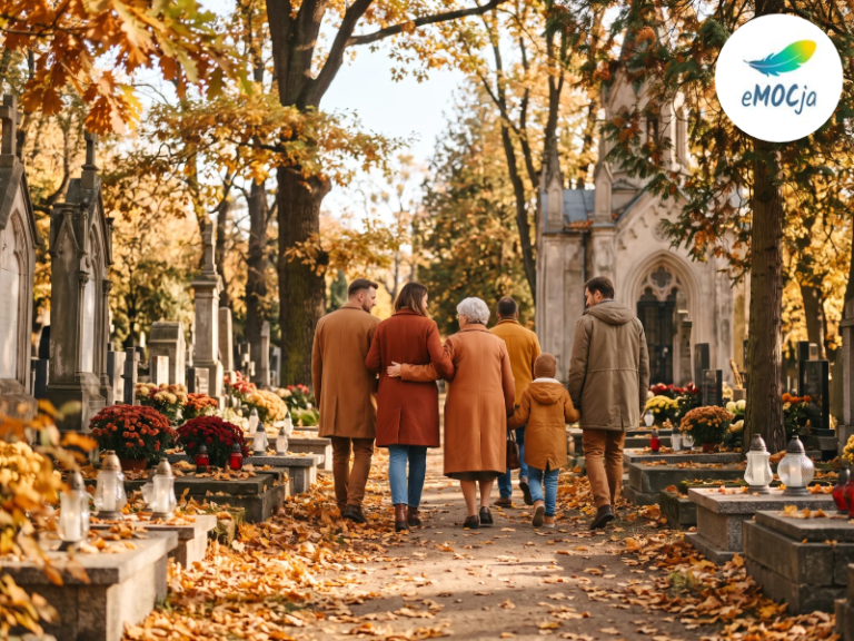 rodzina z dzieckiem odwiedzająca cmentarz